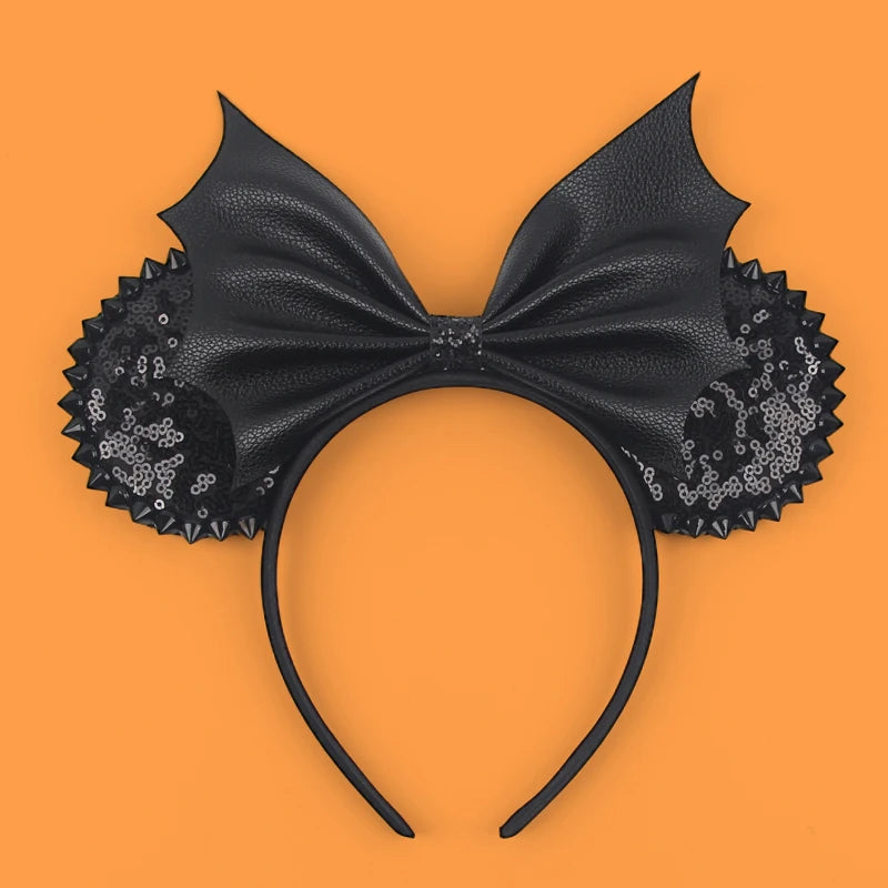 1pc Mickey Mouse Ear Hair Hoop Pu Leather Sequins Butterfly Knot Personalized Rivet Holiday Party Wear Halloween Headband