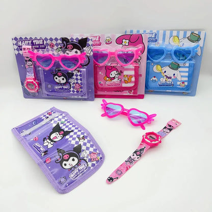 Fashion 3ps Unicorn Hello Kitty Girls Watch Kids with Wallet Glasses Cartoon Spiderman Watch Children Clock Toys set