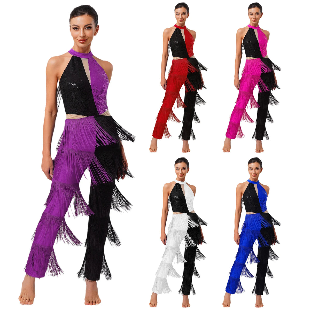 Women 70-80s Disco Latin Jazz Dance Cha-cha Bodysuit Shiny Sequin Tassel Jumpsuit Halloween Carnival Cosplay Performance Costume