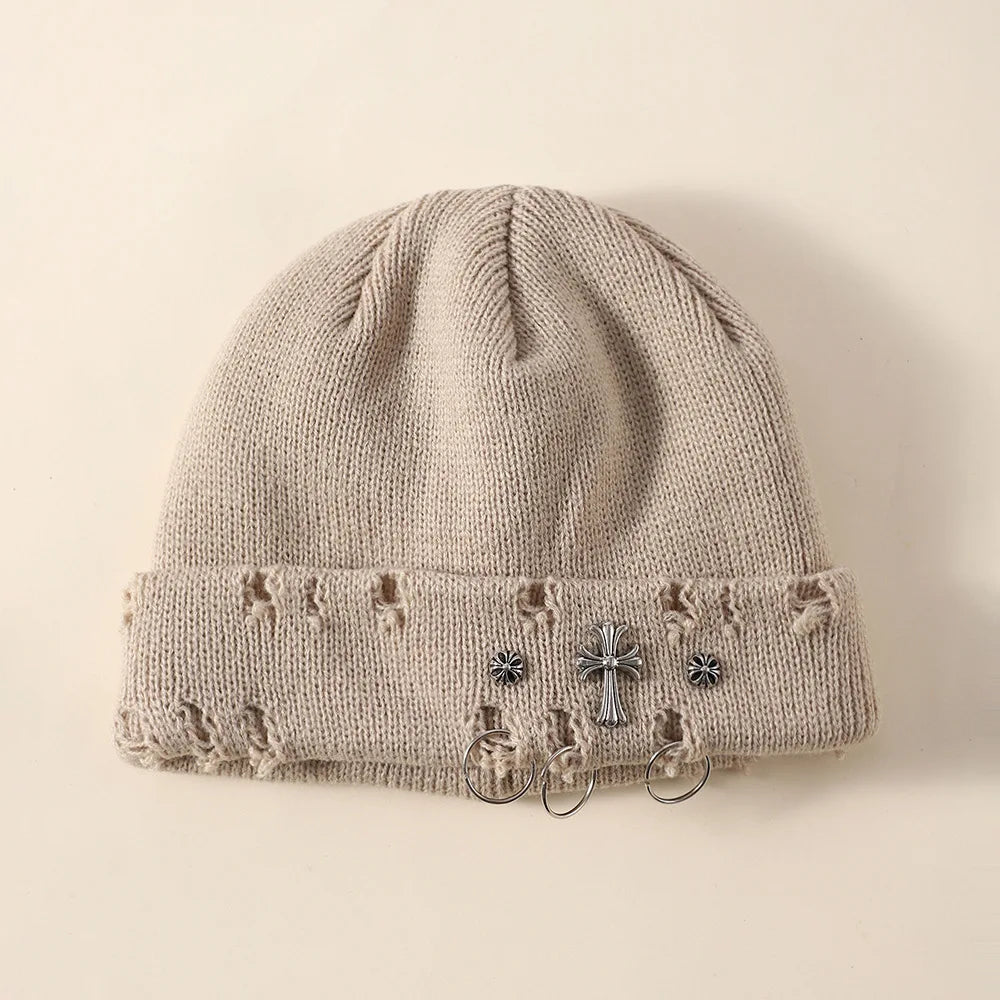 New Unisex Knitted Beanie With Devil Horns Halloween Distressed Skull Cap Hip Hop Winter Warm Yarn Hat For Men Women