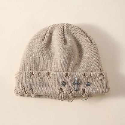 New Unisex Knitted Beanie With Devil Horns Halloween Distressed Skull Cap Hip Hop Winter Warm Yarn Hat For Men Women