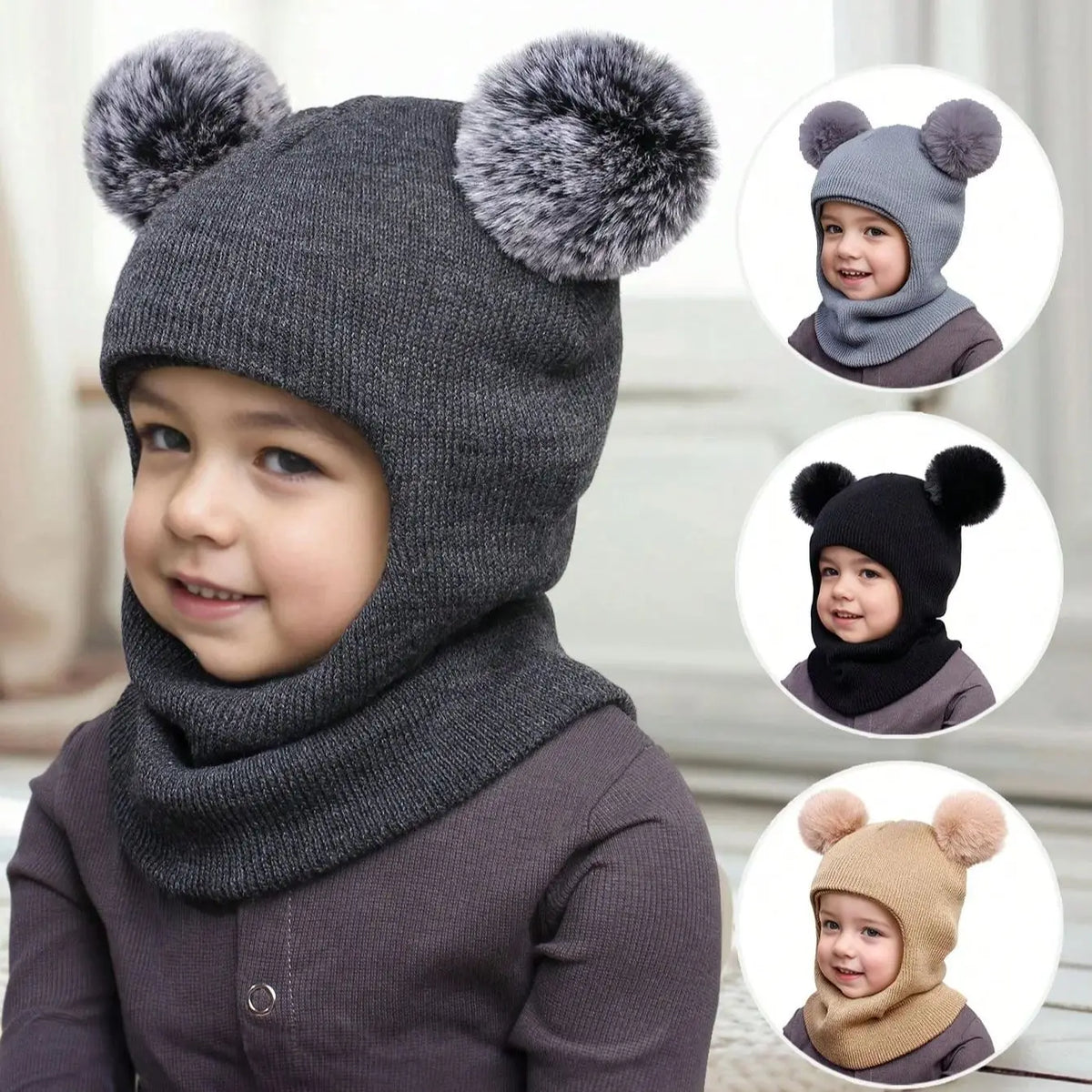 3-12Y autumn and winter double-ball pullover cap, children's double-ball ear-protecting one-piece cap, solid-color cute woolen o