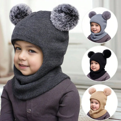 3-12Y autumn and winter double-ball pullover cap, children's double-ball ear-protecting one-piece cap, solid-color cute woolen o