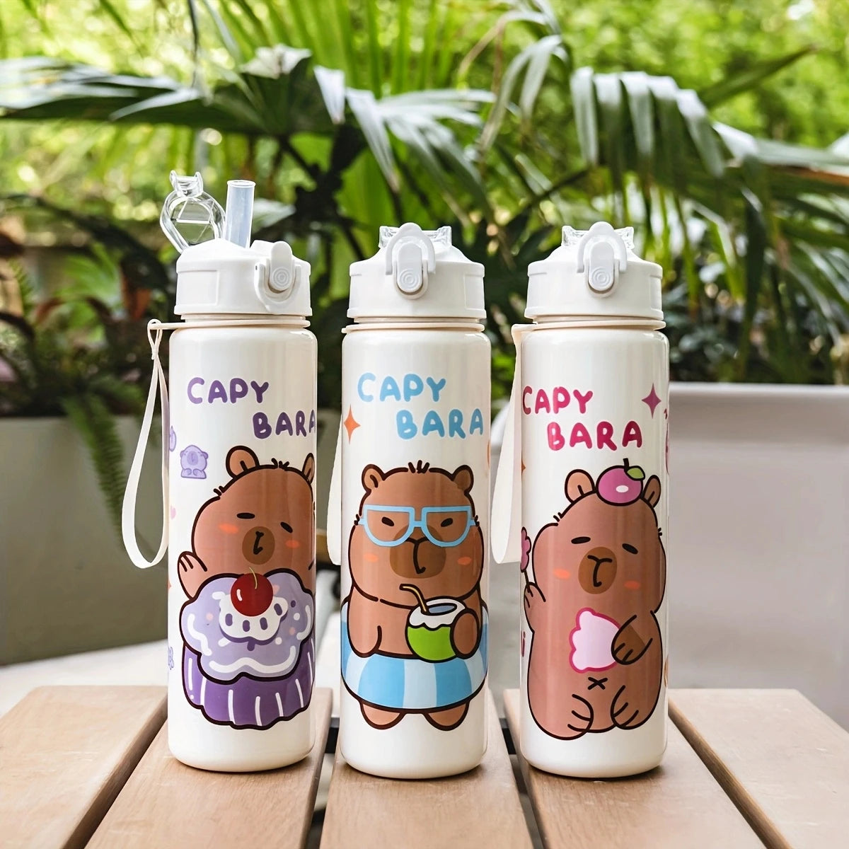 750ml/26oz Cute Cartoon Plastic Water Bottle with Straw Multi-Style Selection for Outdoor Sports Travel Camping Festive Parties