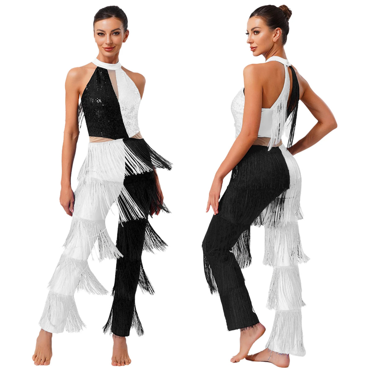 Women 70-80s Disco Latin Jazz Dance Cha-cha Bodysuit Shiny Sequin Tassel Jumpsuit Halloween Carnival Cosplay Performance Costume