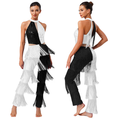 Women 70-80s Disco Latin Jazz Dance Cha-cha Bodysuit Shiny Sequin Tassel Jumpsuit Halloween Carnival Cosplay Performance Costume