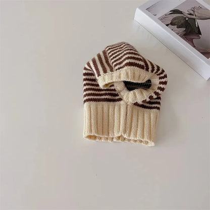 Homefish Winter Korean Fashion Children Baby Knit Hooded Scarf Caps Warm Stripe One Piece Hat Kids Accessories