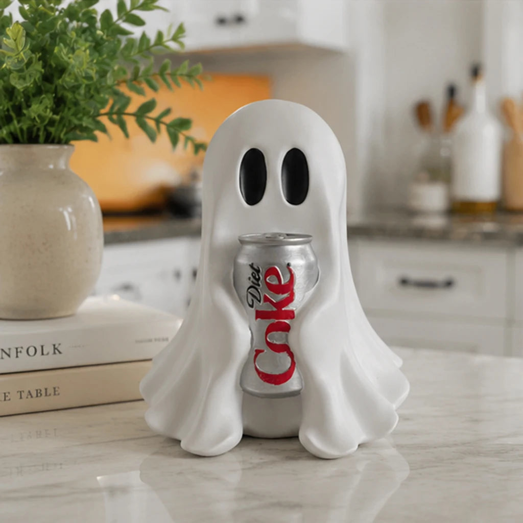 Ghost Holding Soda Can Resin Statue, Spooky Ghost Drink Holder Figurine, Halloween Desktop Ornament,Funny Ghost Table Home Decor