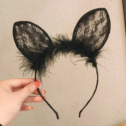 Plush Lace Cat Ears Bell Headband for Women Korean Style Elegant Fashion Girl Hair Band Party Cosplay