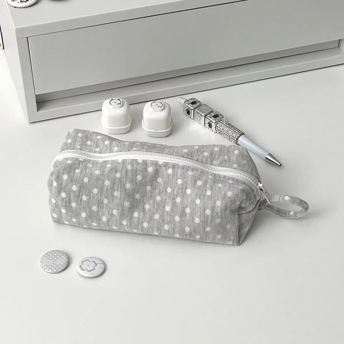 Portable Fabric Pencil Bag for Students Ins Korean Style Dot Pencil Case Large Capacity Fashion Stationery Organizer Makeup Bag