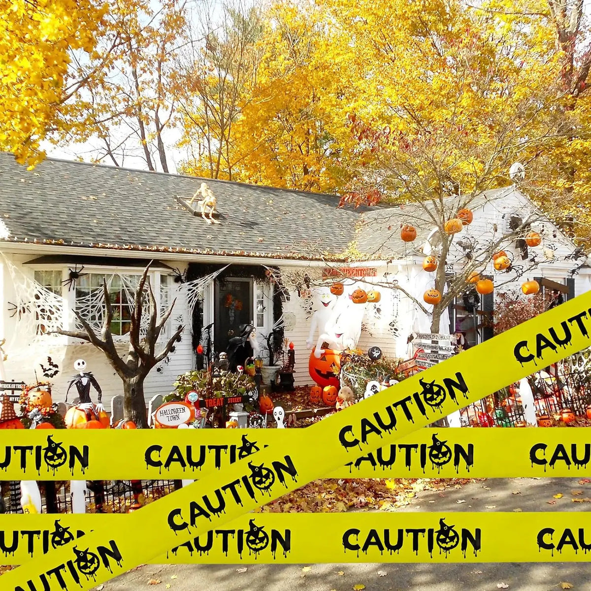 Halloween Danger Tape Yellow Red Barricade Line with Bold Caution Lettering for Horror Party Haunted House Scary Scene Decor