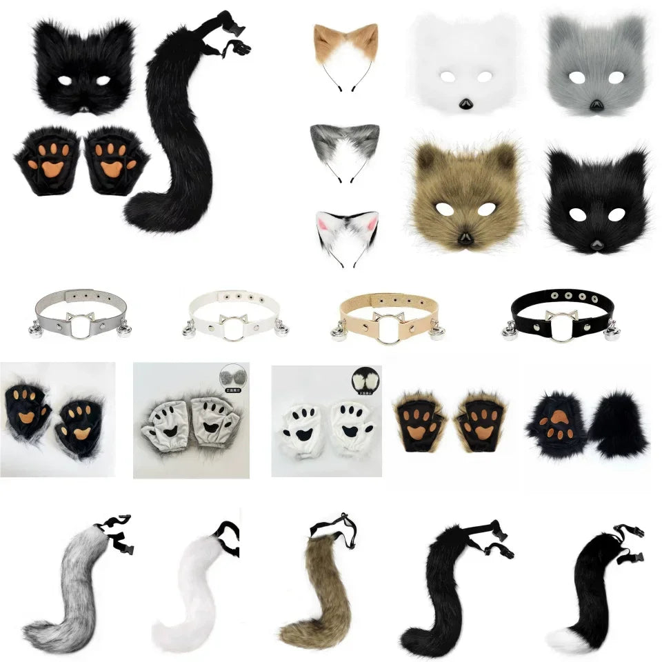 Cat Cosplay Costume Foxes Mask+Tail +Gloves Set  Halloween Costume Accessorie Wolf Therian Theme Party Dress Up Prop Accessories