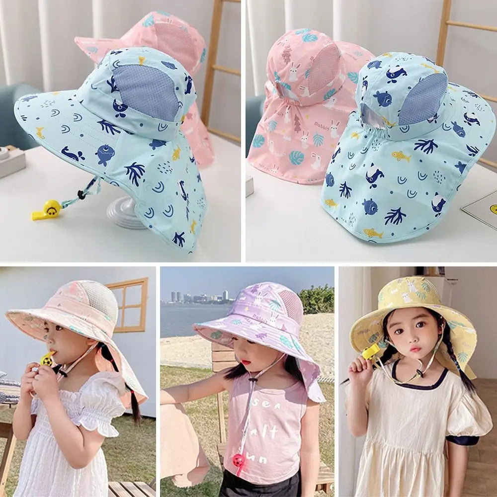 Anti UV Kids Summer Baby Sun Hat Bucket Cap With Whistle For Girls Boys Outdoor Neck Ear Cover Beach Cap