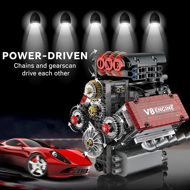Brick V8 Engine Motorized Simulation Model Electrically Drive Building Blocks Technical Car Parts Creative Toys Gifts Boys Adult
