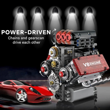 Brick V8 Engine Motorized Simulation Model Electrically Drive Building Blocks Technical Car Parts Creative Toys Gifts Boys Adult