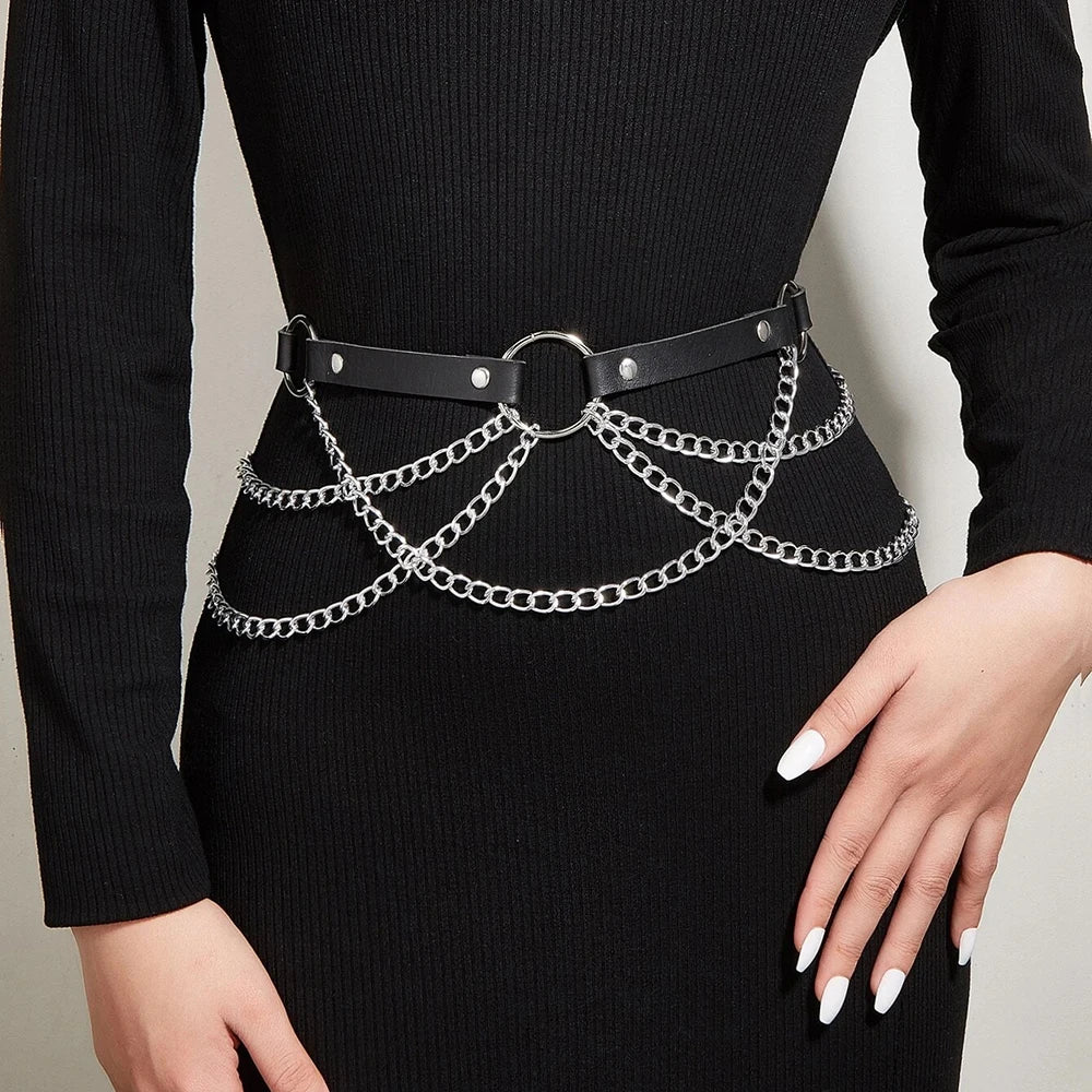 Women Punk Gothic PU Leather Waist‑Thigh Harness Garter Belt, Adjustable Chain Decor Accessory for Rave Festival Halloween Outfi