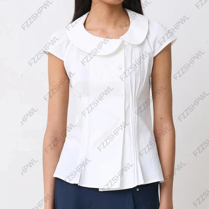 Fashion New Women Y2k Short-sleeved Shirt with Casual Striped Pattern Turn-down Collar Buttoned T-shirt Punk Gothic Streetwear