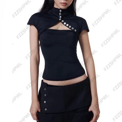 Fashion New Women Y2k Short-sleeved Shirt with Casual Striped Pattern Turn-down Collar Buttoned T-shirt Punk Gothic Streetwear