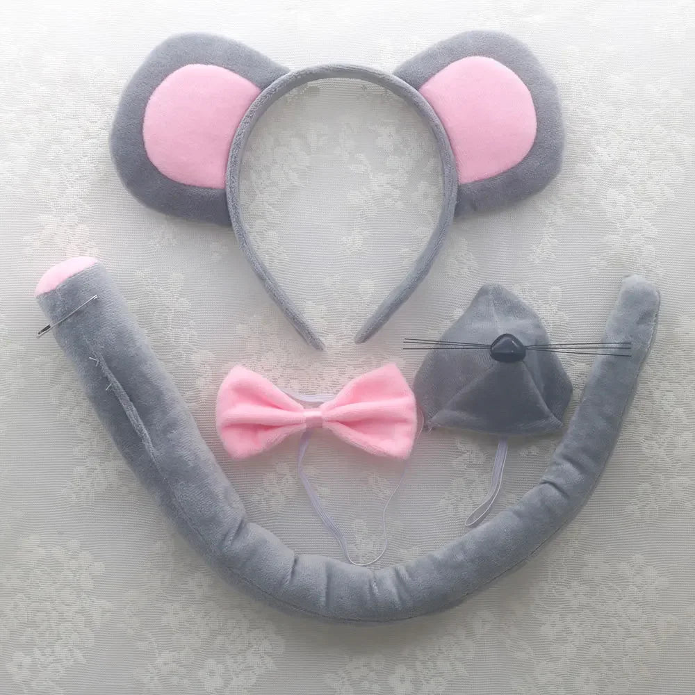 Mouse Costume Set Ears Headband Nose Tail and Bow Tie Animal Fancy Dress Kit Party Accessories Halloween Birthday