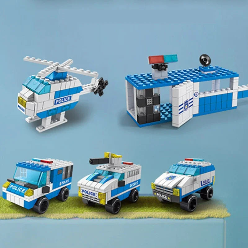 6in1 Police Sports Car Fire Engine Mini Loader Truck Plane Classic City Model Building Blocks Set Bricks Toy Gift for Kids