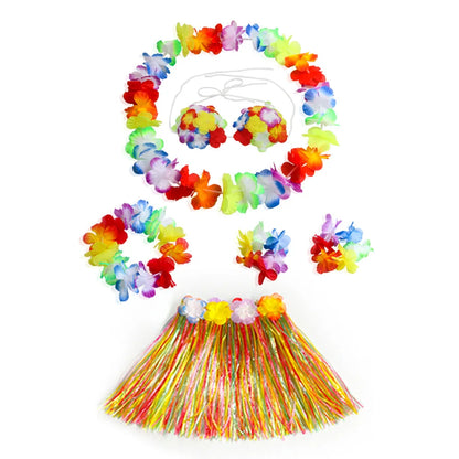 Hawaiian Dance Child Skirt with Leis Costume, Elastic Luau Grass, Hawaiian Flower Bracelets, Headband, Necklace, 40cm, 5pcs 6Pcs