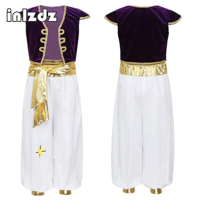 Boys Mythical Prince Arabian Carnival Cosplay Outfit Halloween Party Arabian Prince Role Play Waistcoat Vest Top+Belted Pants