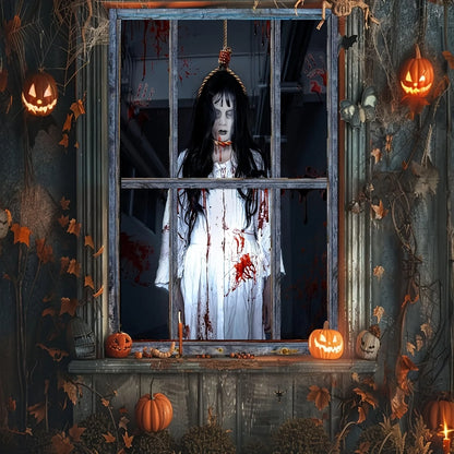 Halloween Window Party Banner Scary Female Ghost Window Cover Decorations Clings, Creepy Door Silhouette Banner for Indoor Outdo