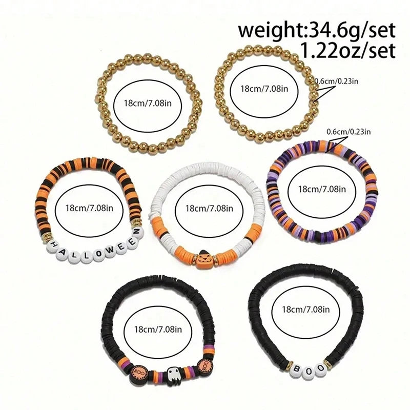 FTCY 7pcs Halloween Bracelet for Men Women Retro Spooky Pumpkin Polymer Clay Beaded Bracelet Set Cosplay Party Jewelry Gift