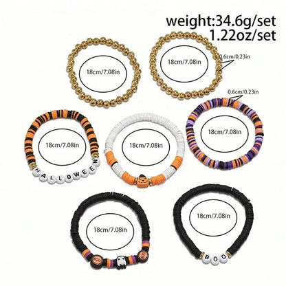 FTCY 7pcs Halloween Bracelet for Men Women Retro Spooky Pumpkin Polymer Clay Beaded Bracelet Set Cosplay Party Jewelry Gift