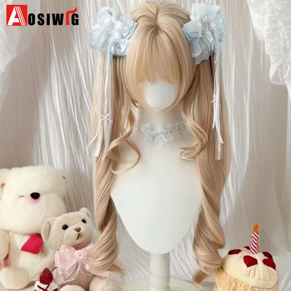 Synthetic Princess Cut Double Ponytail Lolita Wig with Bangs Girl Ombre Blonde Brown White Gray Cosplay Halloween Harajuku Wig