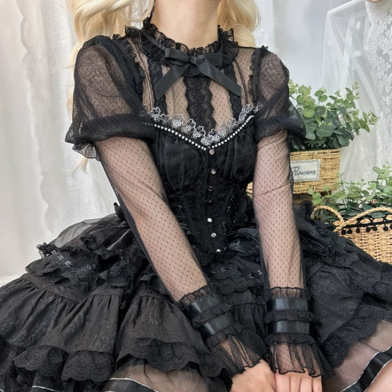 Japanese Victorian Retro Lolita Blouses Women Sweet Bow Roffles Lace Mesh Long Sleeved Shirts Girls Kawaii Loose Jsk Inside Tops