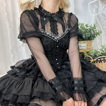 Japanese Victorian Retro Lolita Blouses Women Sweet Bow Roffles Lace Mesh Long Sleeved Shirts Girls Kawaii Loose Jsk Inside Tops