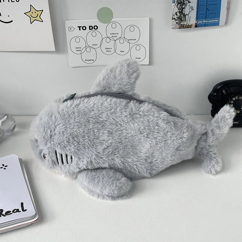 1PC Large Capacity Pen Pouch Stationery Storage Box Cute Plush Ocean Shark Pencil Case Portable Cosmetic Bag School Office Supplies