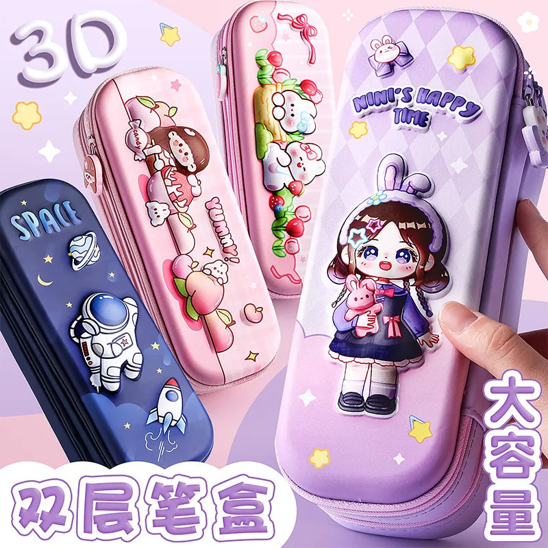 3D Astronaut Pencil Case Boys Stationery New Popular Student Double-layer Large Capacity Waterproof Pink Rabbit