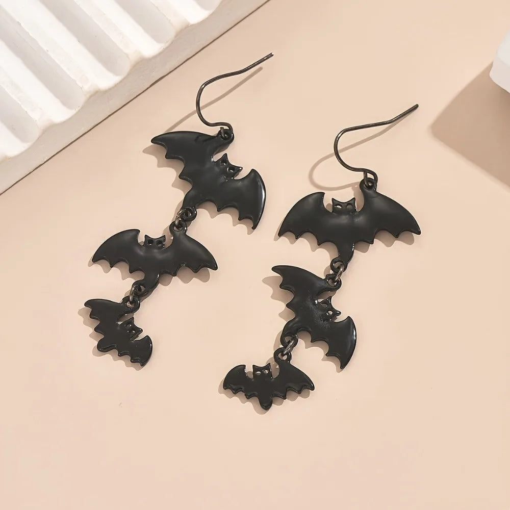 Cool Gothic Punk Style Black Three Bat Earrings Trend Exaggerated Personality Halloween Ear Hook Accessories for Women Man