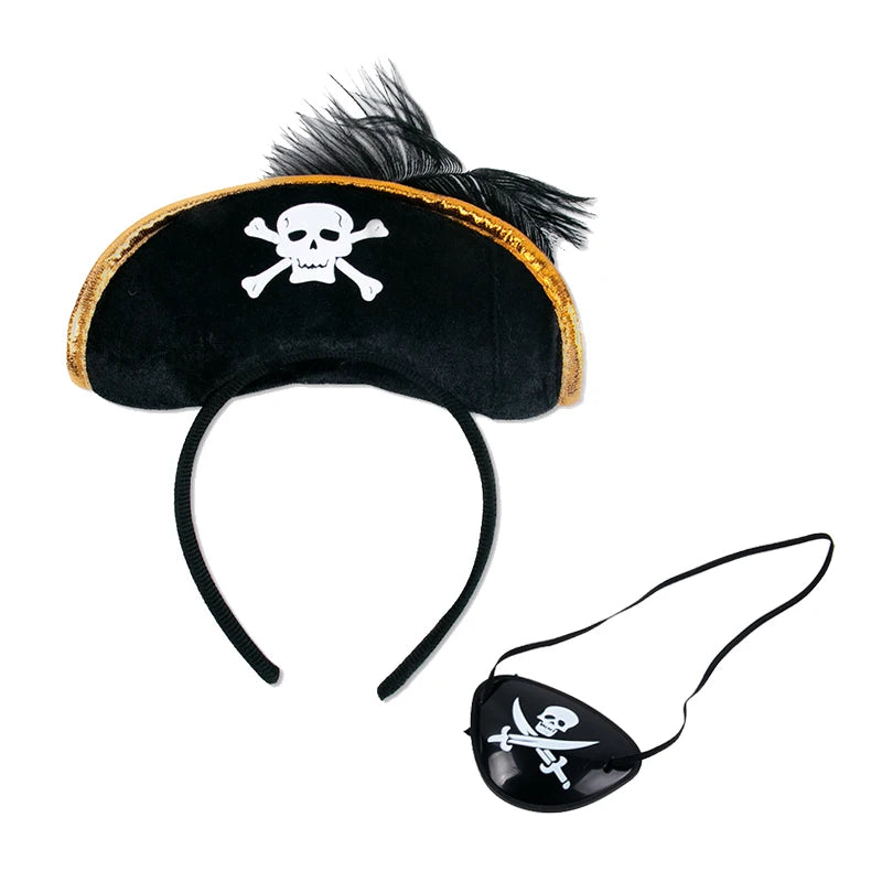 1/2set Pirate Skull Hat And Eye Patches Halloween Captain Cap Headband Cosplay Costume Accessories Prop Kid Birthday Party Decor
