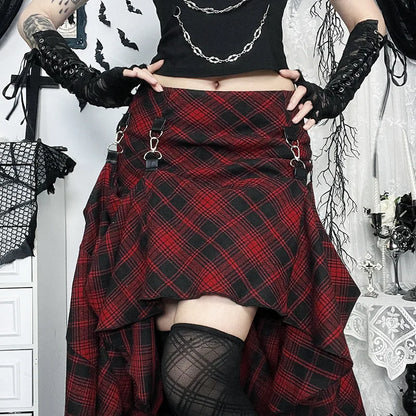 Goth Dark 90s Grunge Chic Adjustable Multi Wear Skirts Cyber Y2K Lattice Metal Buckle Loose Skirt Women Mall Gothic Streetwear