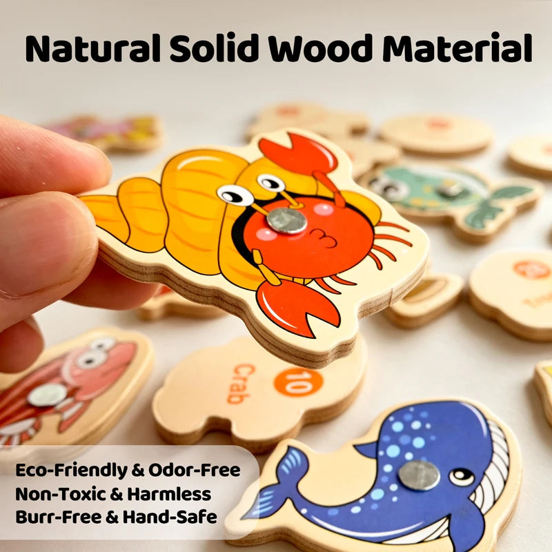 Wooden Magnetic Fishing Toy Montessori Marine Cognition Hand Eye Coordination Kids Early Educational Parent Child Birthday Gifts