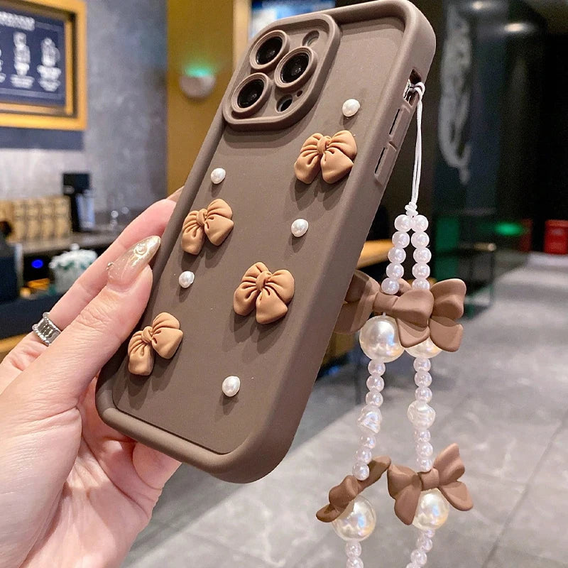 Korean 3D Bowknot Pearl Silicone Phone Case For iPhone 18 16 17 Pro 15 14 13 12 11 Pro Max 16E 7 8 Plus With Lanyard Soft Cover