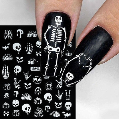 4 pcs 5D Embossed Gothic Skeleton Bones Nail Decals Horror Pumpkin Evil Smile Nail Stickers Y2K Halloween Carnival Nail Supplies