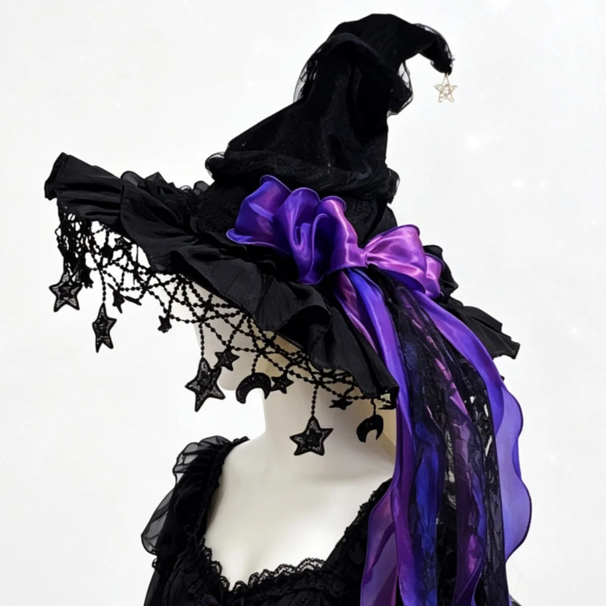 Lace Velvet Witch Hat with Lace Trim and Moon Pendant for Halloween Costume Party Masquerade Cosplay Party Accessory
