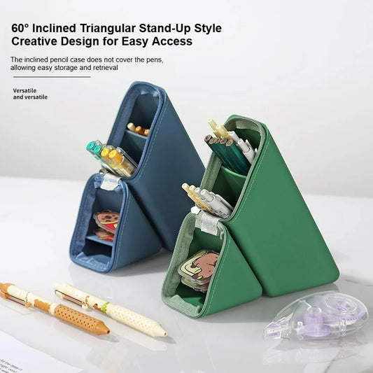 Creative Silicone Pencil Case Large Capacity Simple Design Dual-Purpose Pen Holder Multi-Layer Storage Triangular Stand-Up Style