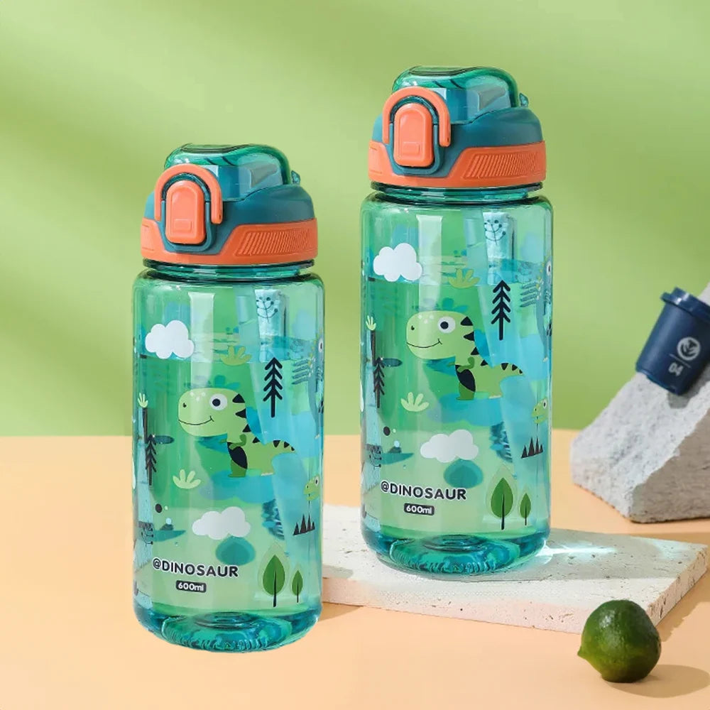 600ml Cartoon Animal Water Bottle Portable Safety Lock Cute Straw Cup Kids Leak-proof Drinking Jug For Outdoor Camping Travel