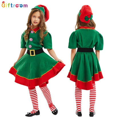2025 New Christmas Children's and Adult Christmas Elf Costumes, Santa Claus Green Elf Costumes, Cosplay Halloween Costume Set