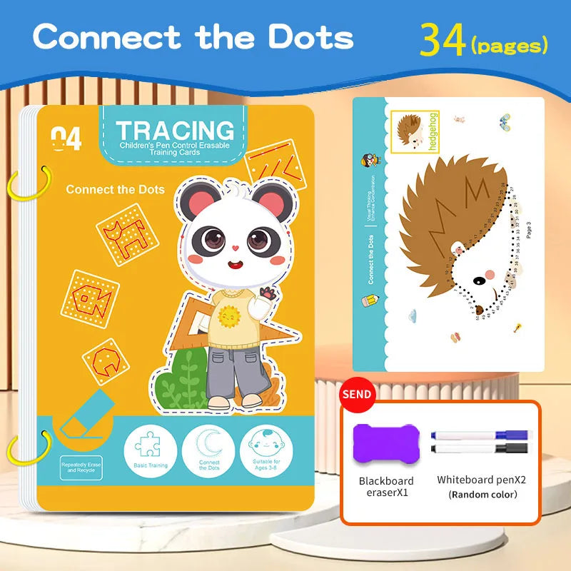 34-Page Reusable Magic Tracing Workbook, Educational Drawing and Pen Control Training, Includes Pen and Eraser, Essential for Learning, Classroom Education, Birthday, Christmas, Easter Gift
