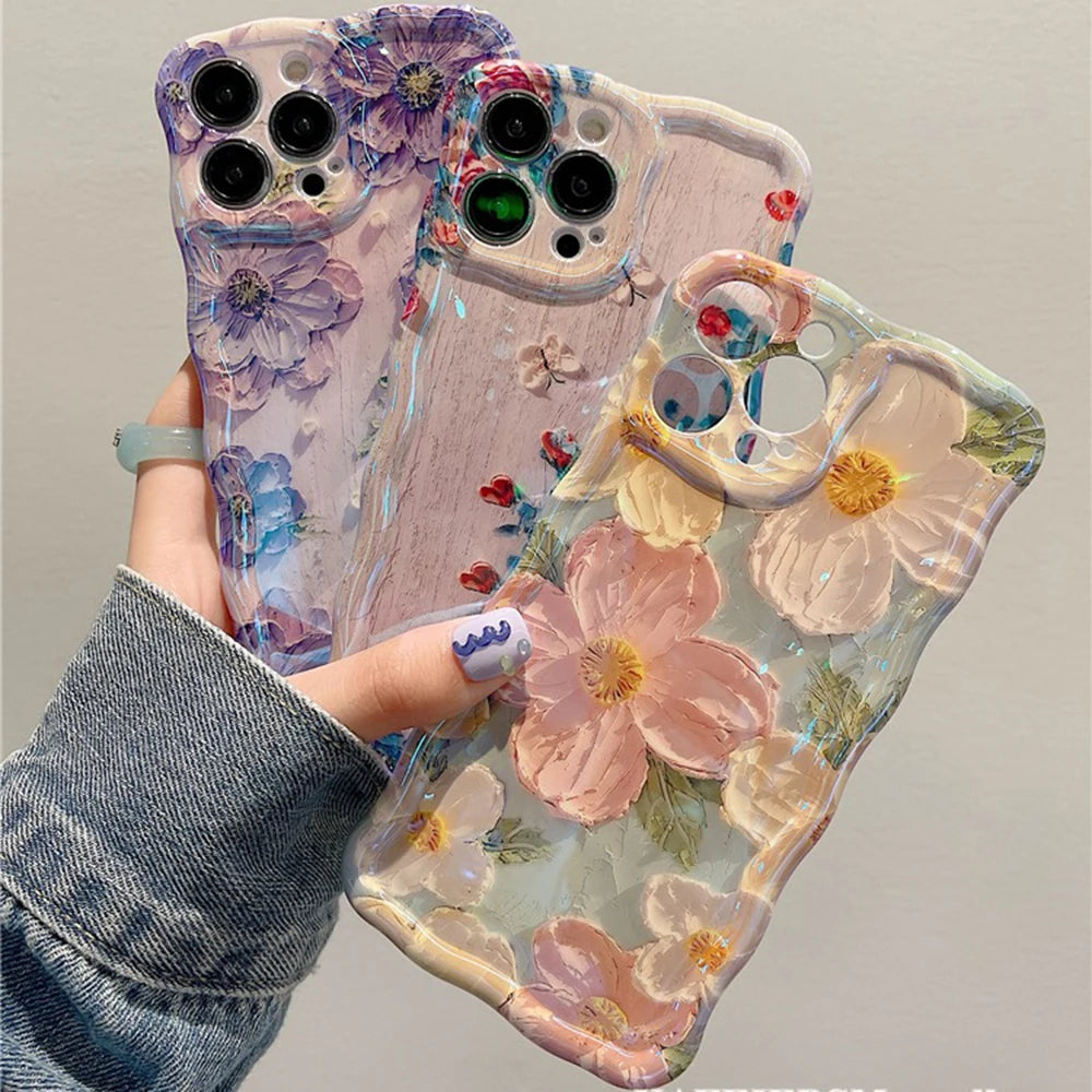 Retro Oil Painting Phone Case For iPhone 13 14 15 16 ProMax 12 11 Luxury Flower Print Shockproof Silicone Cover Artistic Decor