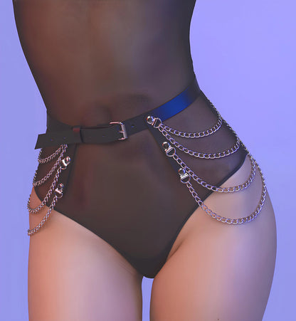 Women Punk Gothic PU Leather Waist‑Thigh Harness Garter Belt, Adjustable Chain Decor Accessory for Rave Festival Halloween Outfi