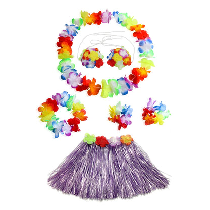 Hawaiian Dance Child Skirt with Leis Costume, Elastic Luau Grass, Hawaiian Flower Bracelets, Headband, Necklace, 40cm, 5pcs 6Pcs