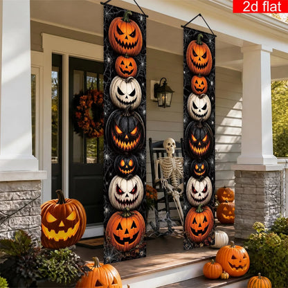 Halloween Porch Vertical Banner Set Scary Jack O Lantern Pumpkin Spider Web Hanging Sign for Outdoor Halloween Party Decor