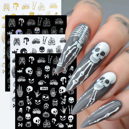 4 pcs 5D Embossed Gothic Skeleton Bones Nail Decals Horror Pumpkin Evil Smile Nail Stickers Y2K Halloween Carnival Nail Supplies